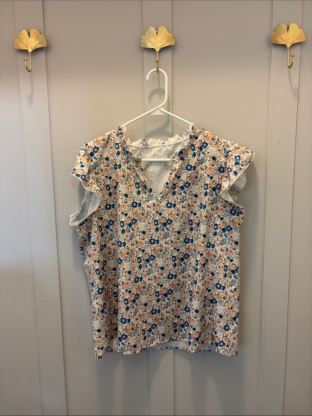 Floral V-Neck Flutter Sleeve Top - Blue & Peach